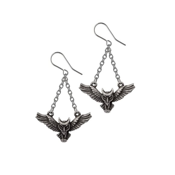 Alchemy Gothic Noctis Athena Dropper Owl Earrings Goddess of Wisdom Wiccan - Picture 3 of 3